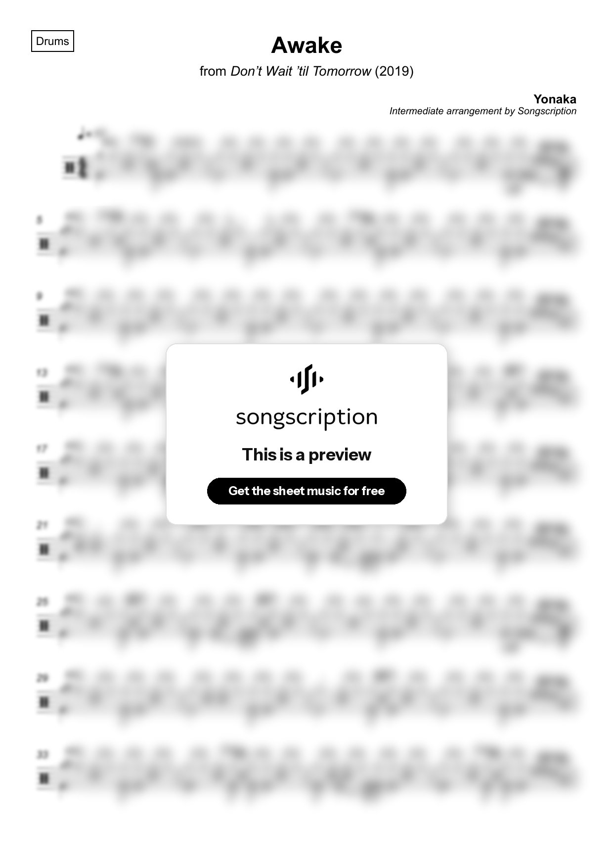 Intermediate Drums Sheet Music for "Awake" by Yonaka