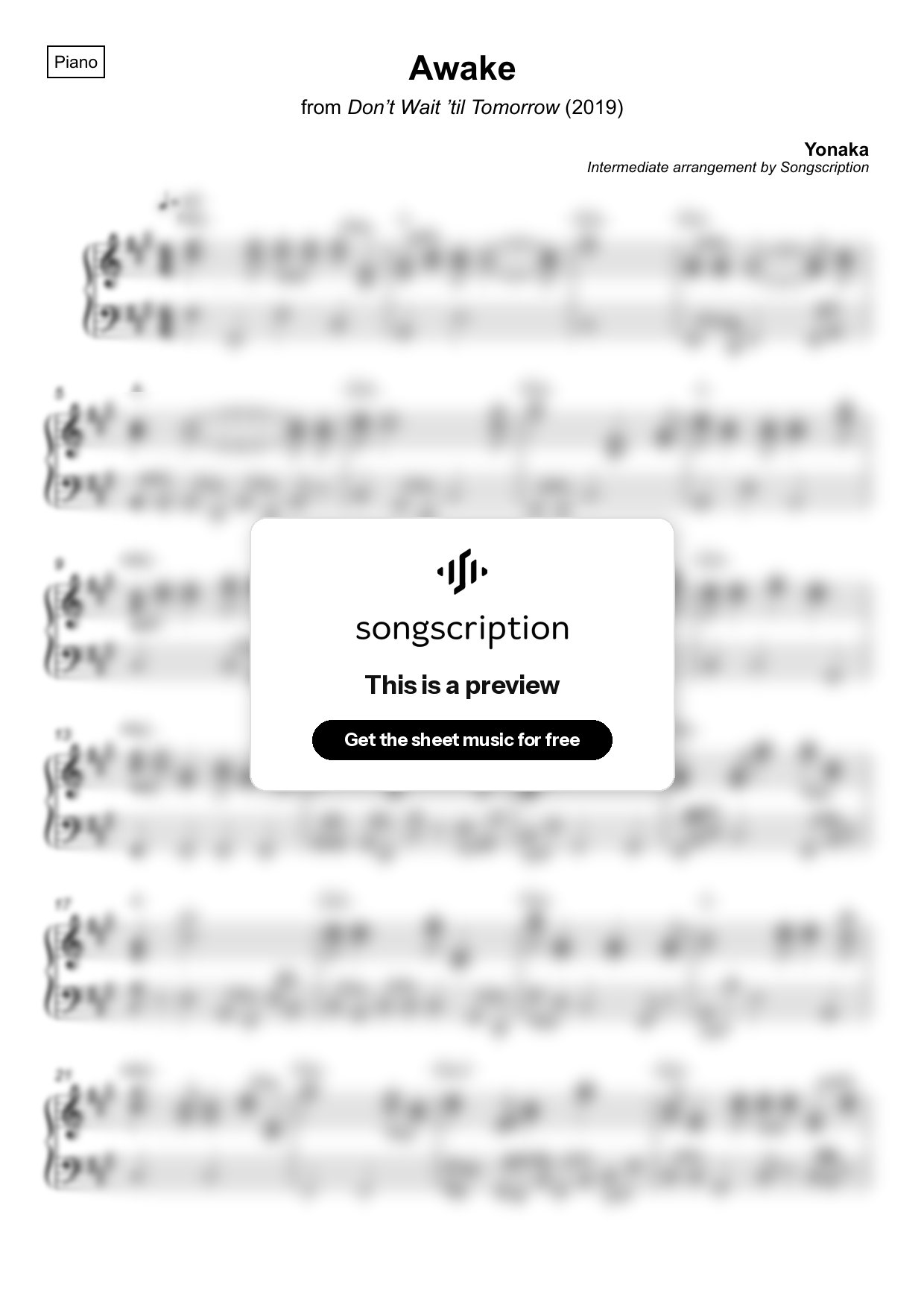 Intermediate Piano Sheet Music for "Awake" by Yonaka
