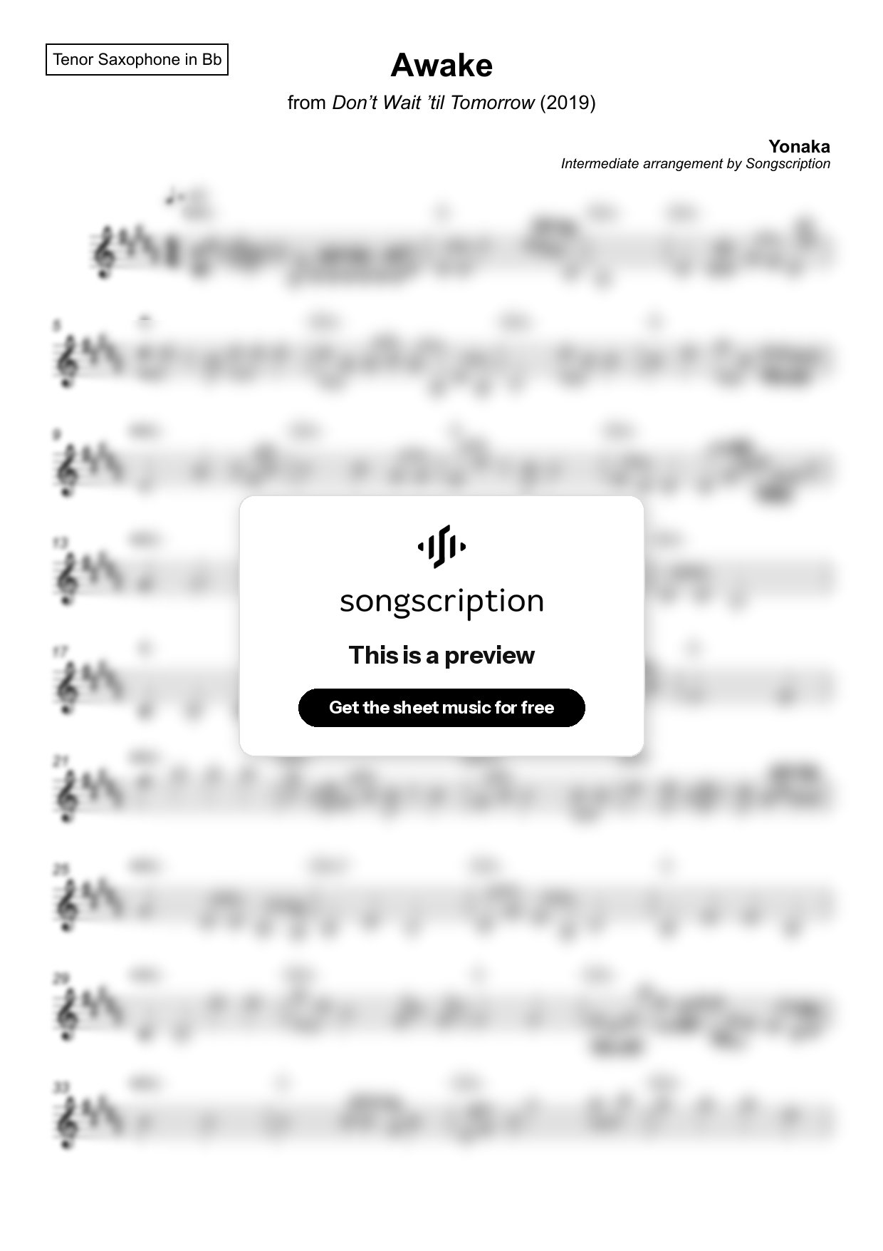 Intermediate Tenor Sax Sheet Music for "Awake" by Yonaka