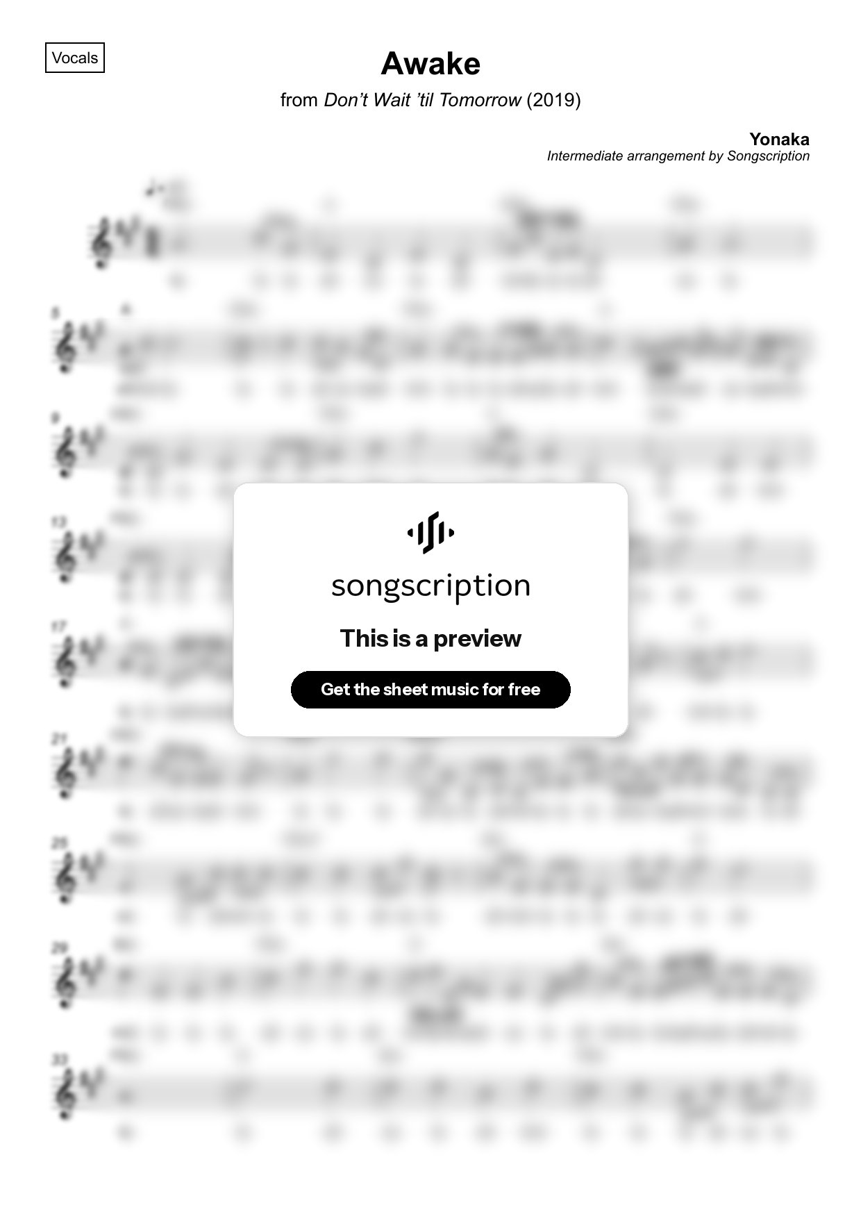 Intermediate Vocals Sheet Music for "Awake" by Yonaka