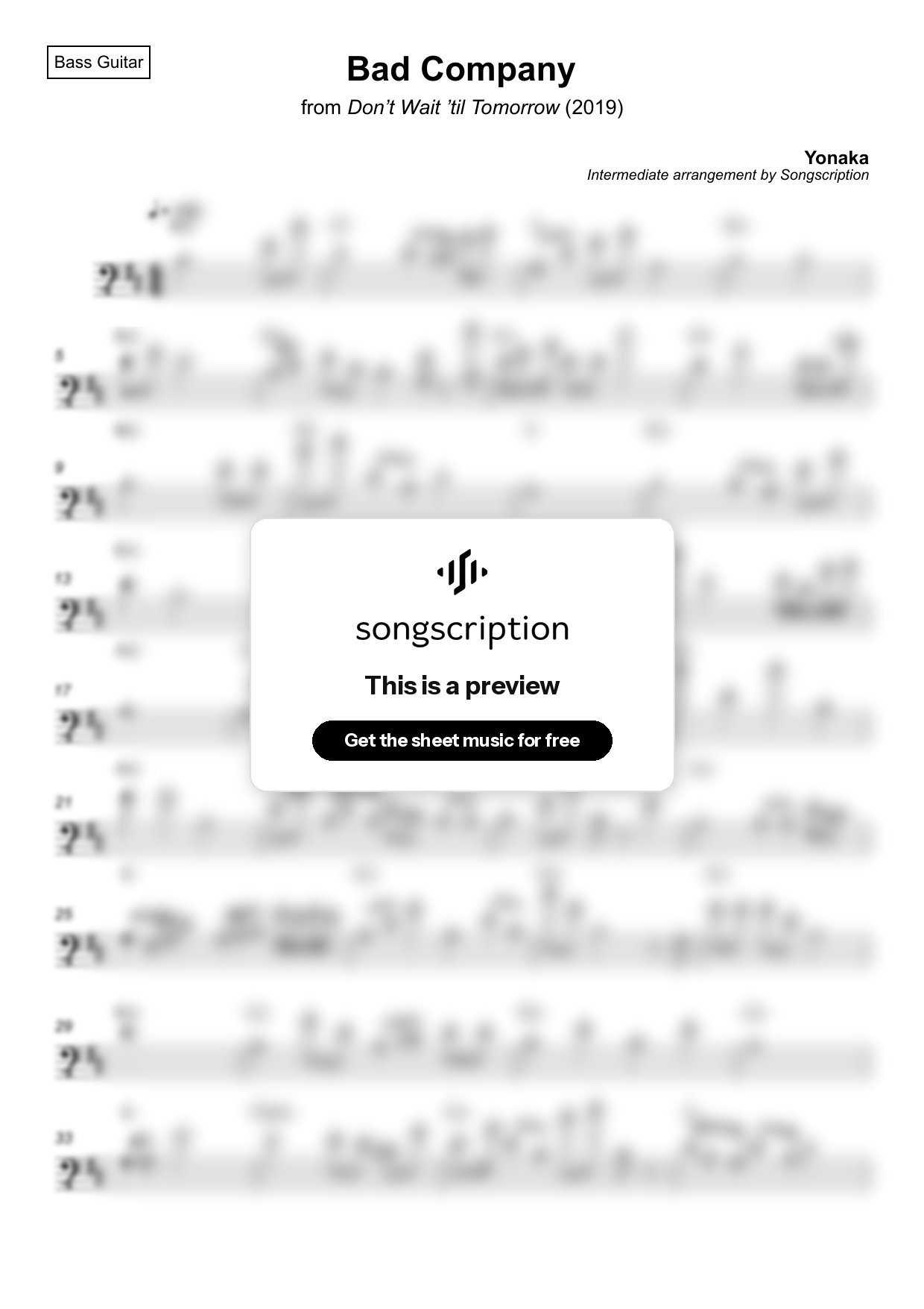 Intermediate Bass Guitar Sheet Music for "Bad Company" by Yonaka
