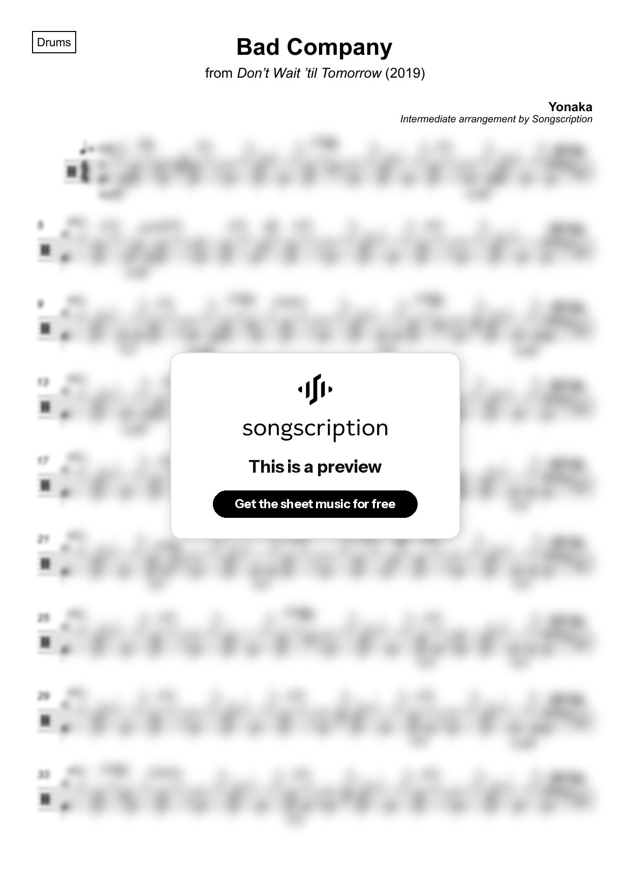 Intermediate Drums Sheet Music for "Bad Company" by Yonaka