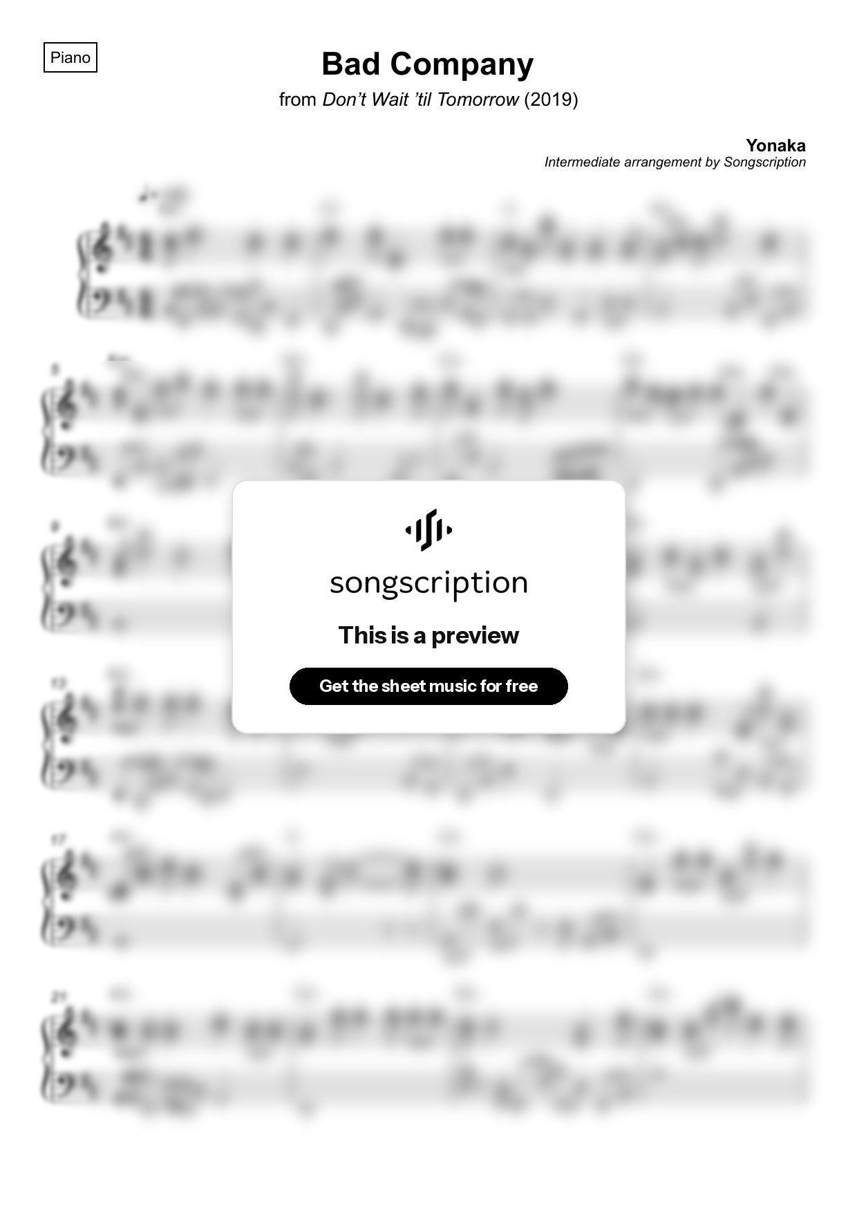 Intermediate Piano Sheet Music for "Bad Company" by Yonaka
