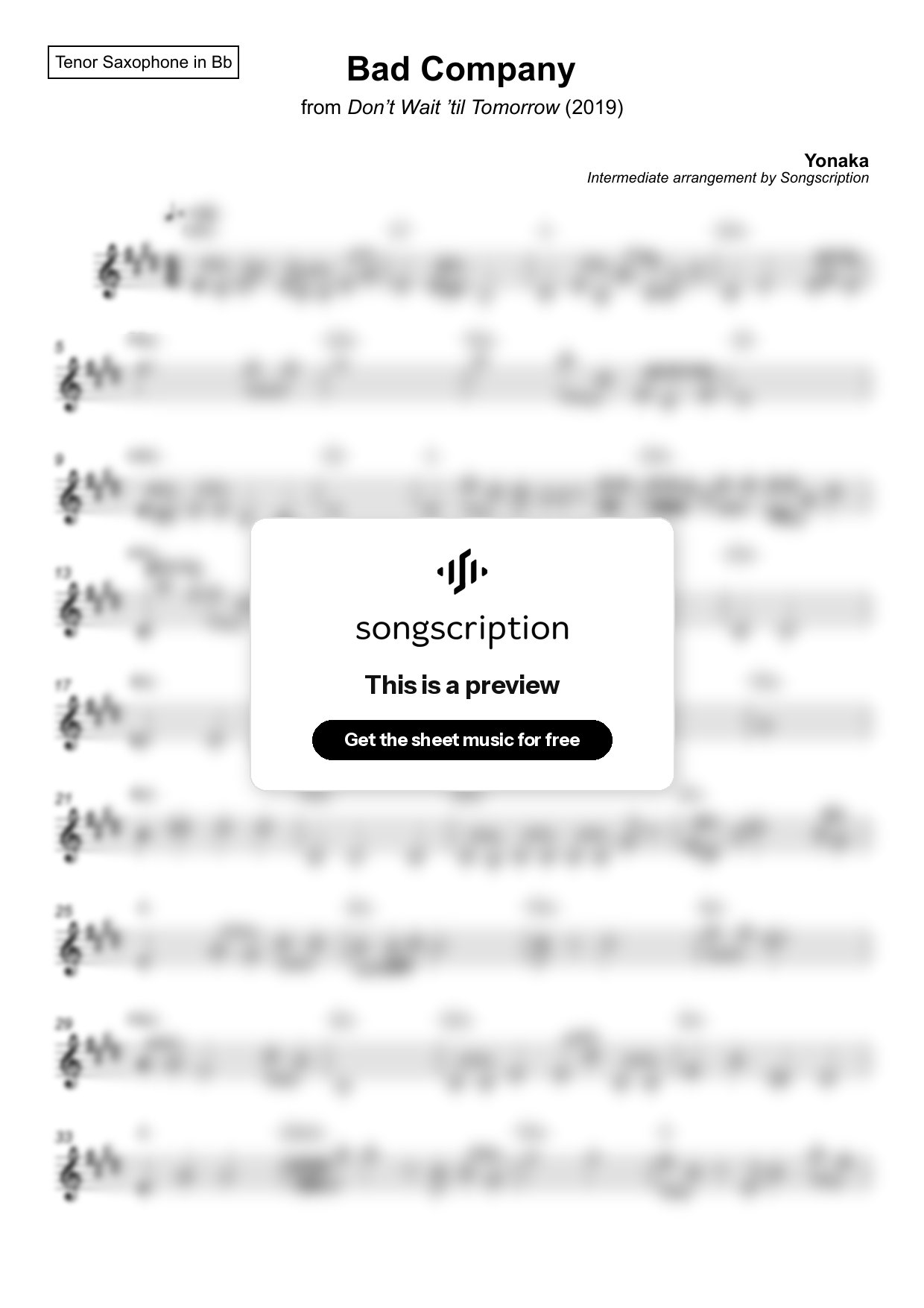 Intermediate Tenor Sax Sheet Music for "Bad Company" by Yonaka