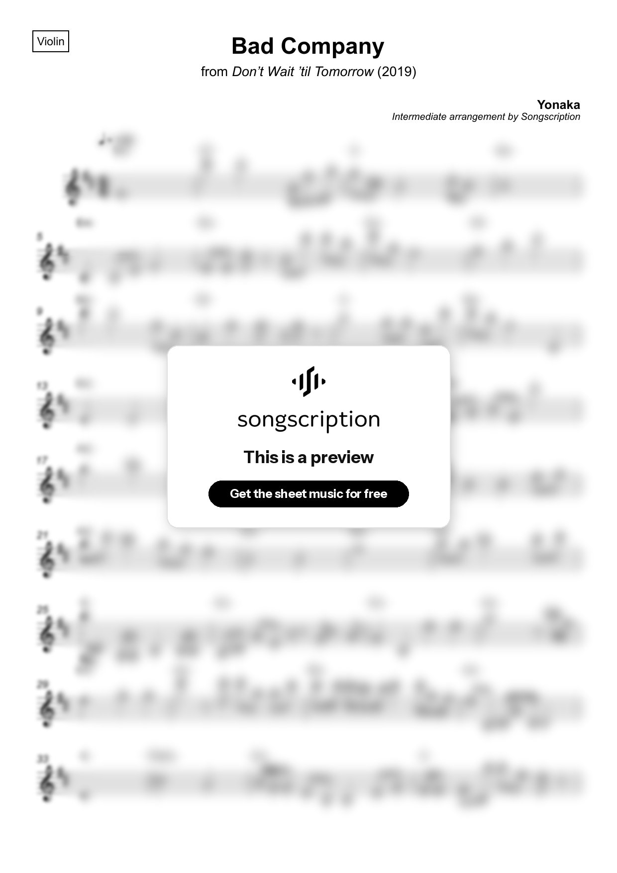 Intermediate Violin Sheet Music for "Bad Company" by Yonaka