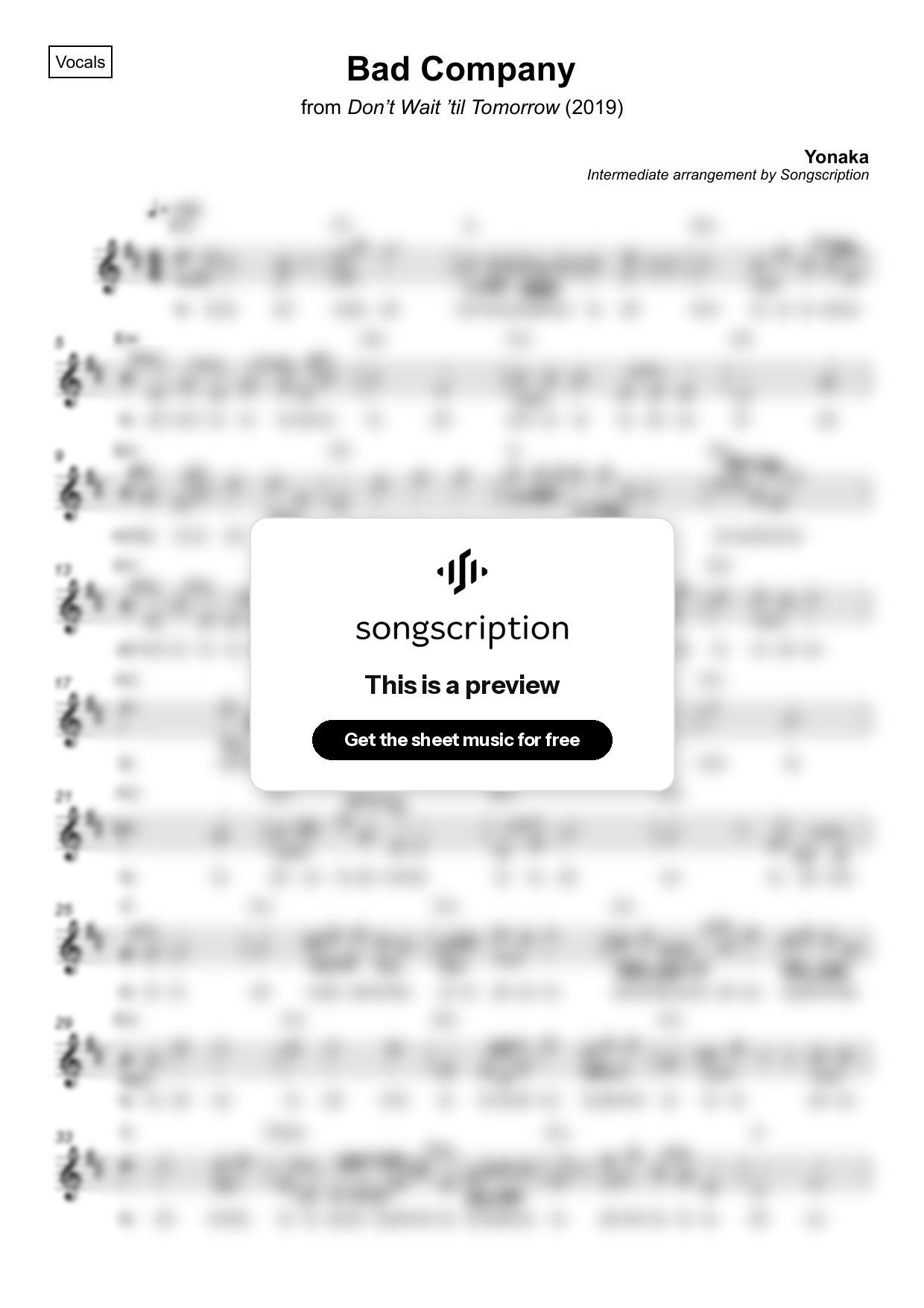 Intermediate Vocals Sheet Music for "Bad Company" by Yonaka
