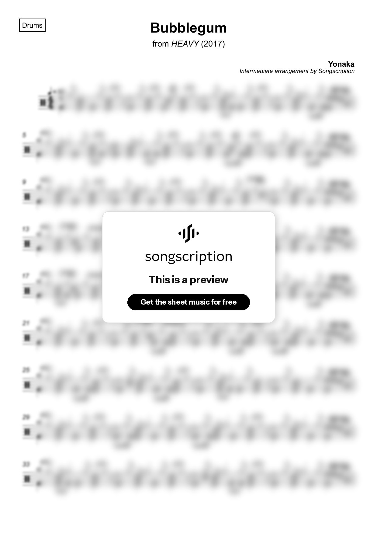 Intermediate Drums Sheet Music for "Bubblegum" by Yonaka