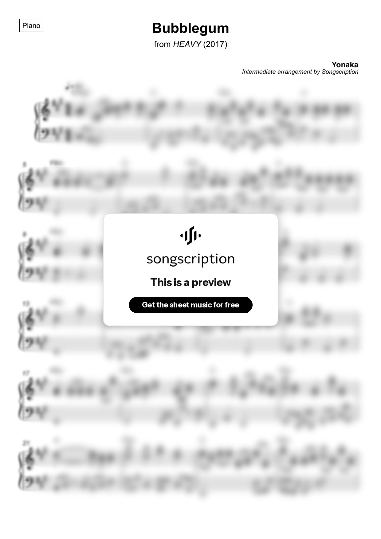 Intermediate Piano Sheet Music for "Bubblegum" by Yonaka