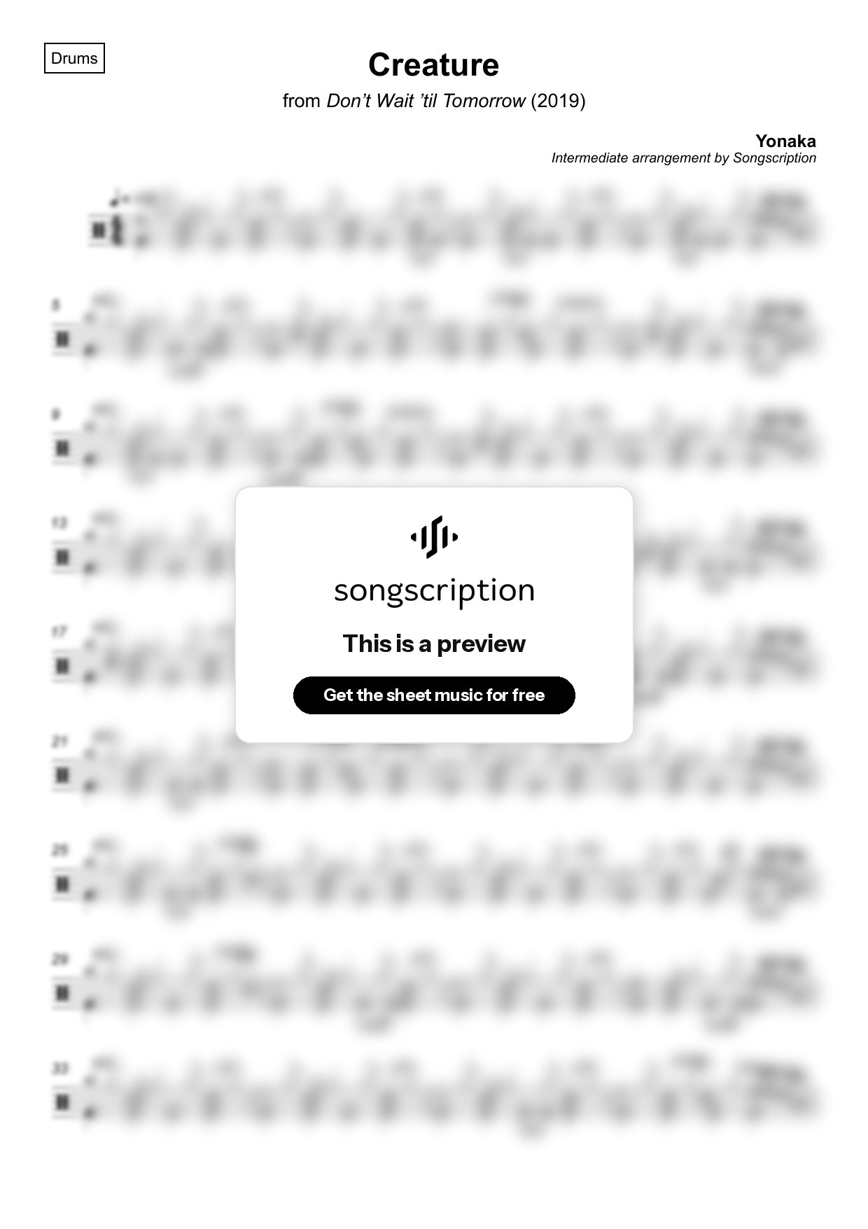 Intermediate Drums Sheet Music for "Creature" by Yonaka