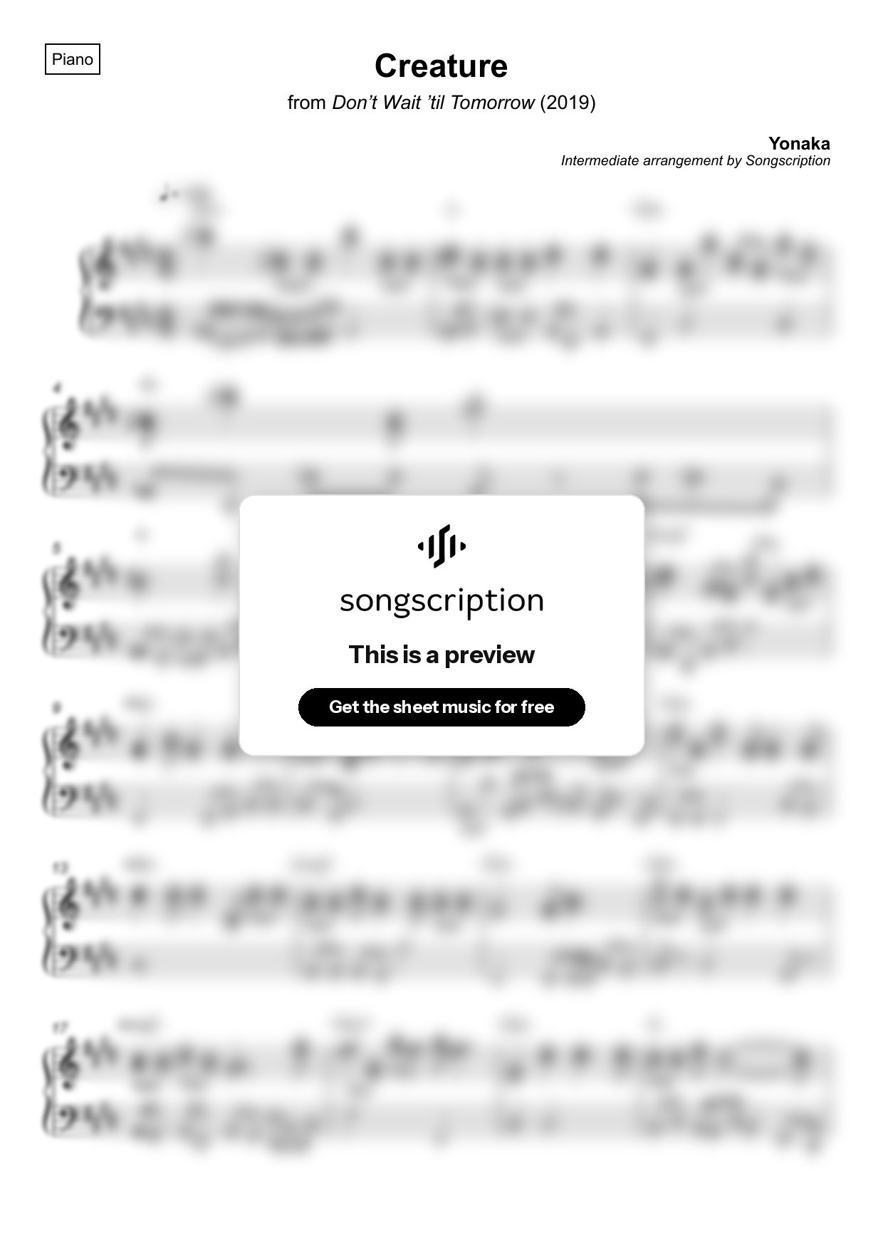 Intermediate Piano Sheet Music for "Creature" by Yonaka