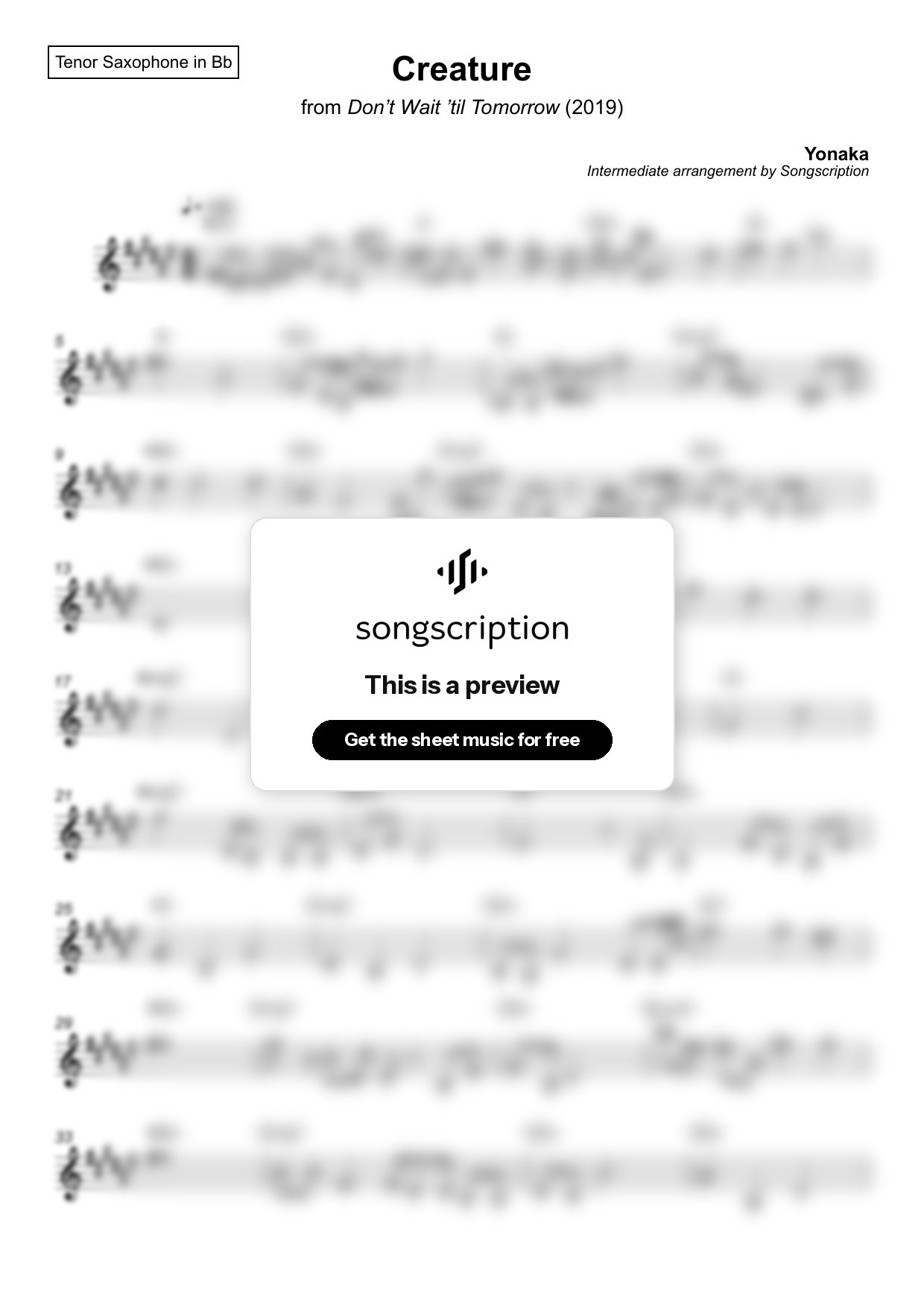 Intermediate Tenor Sax Sheet Music for "Creature" by Yonaka