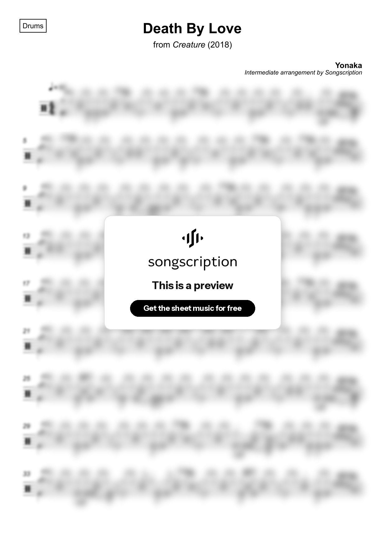 Intermediate Drums Sheet Music for "Death By Love" by Yonaka
