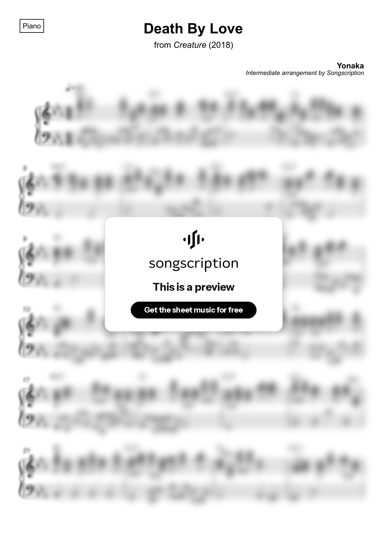 Intermediate Piano Sheet Music for "Death By Love" by Yonaka