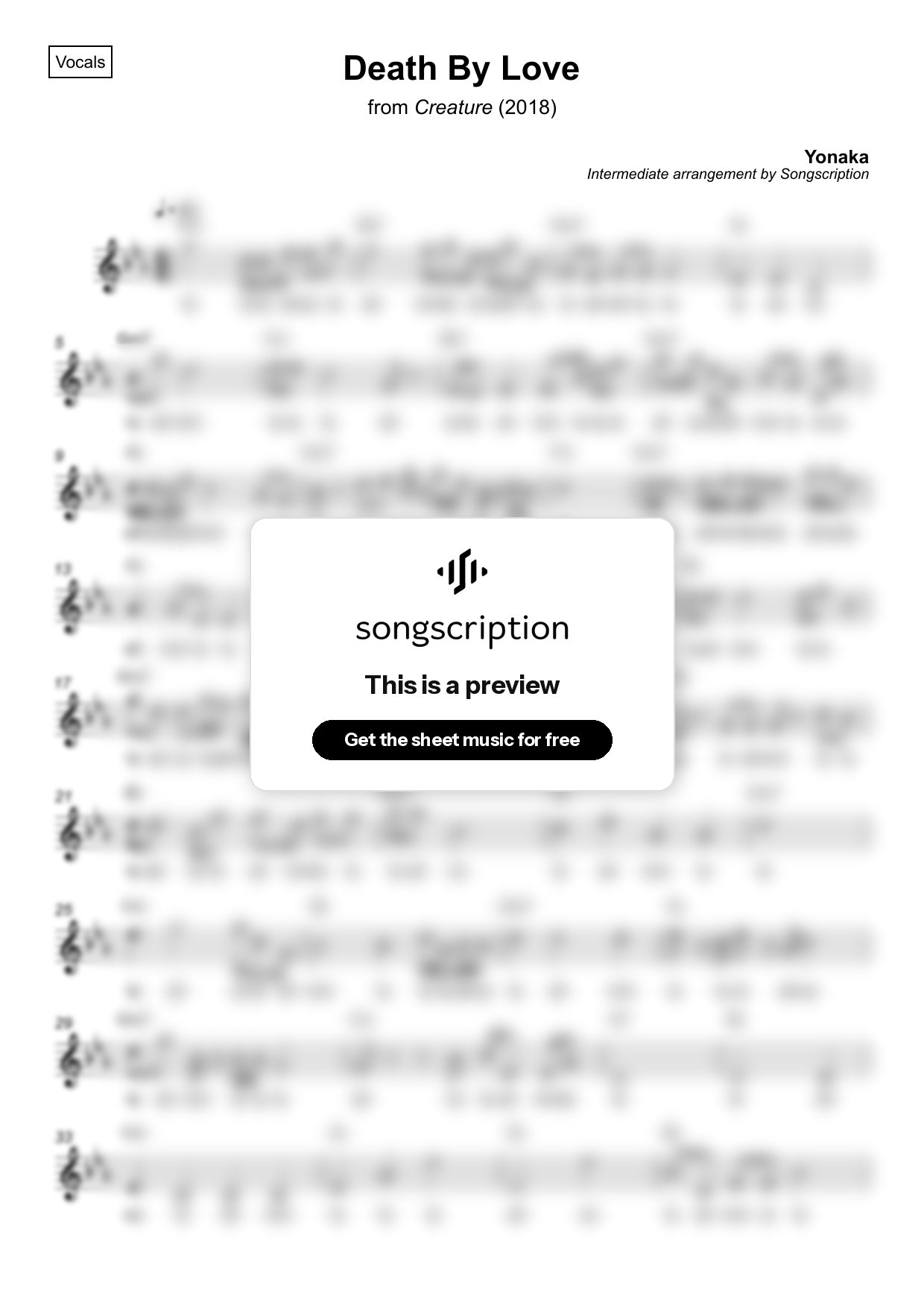 Intermediate Vocals Sheet Music for "Death By Love" by Yonaka