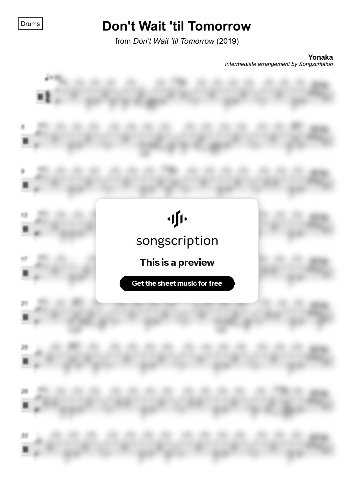 Intermediate Drums Sheet Music for "Don't Wait 'til Tomorrow" by Yonaka