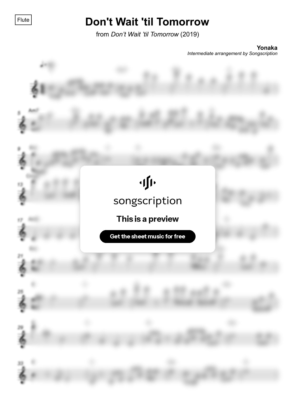 Intermediate Flute Sheet Music for "Don't Wait 'til Tomorrow" by Yonaka