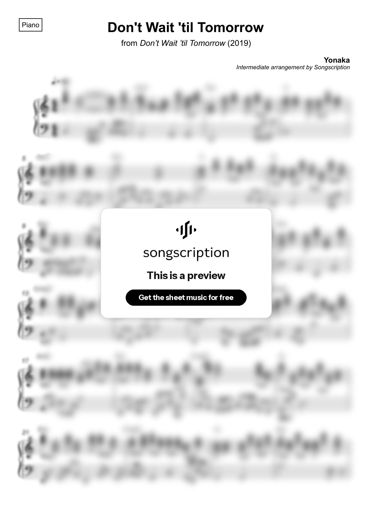 Intermediate Piano Sheet Music for "Don't Wait 'til Tomorrow" by Yonaka