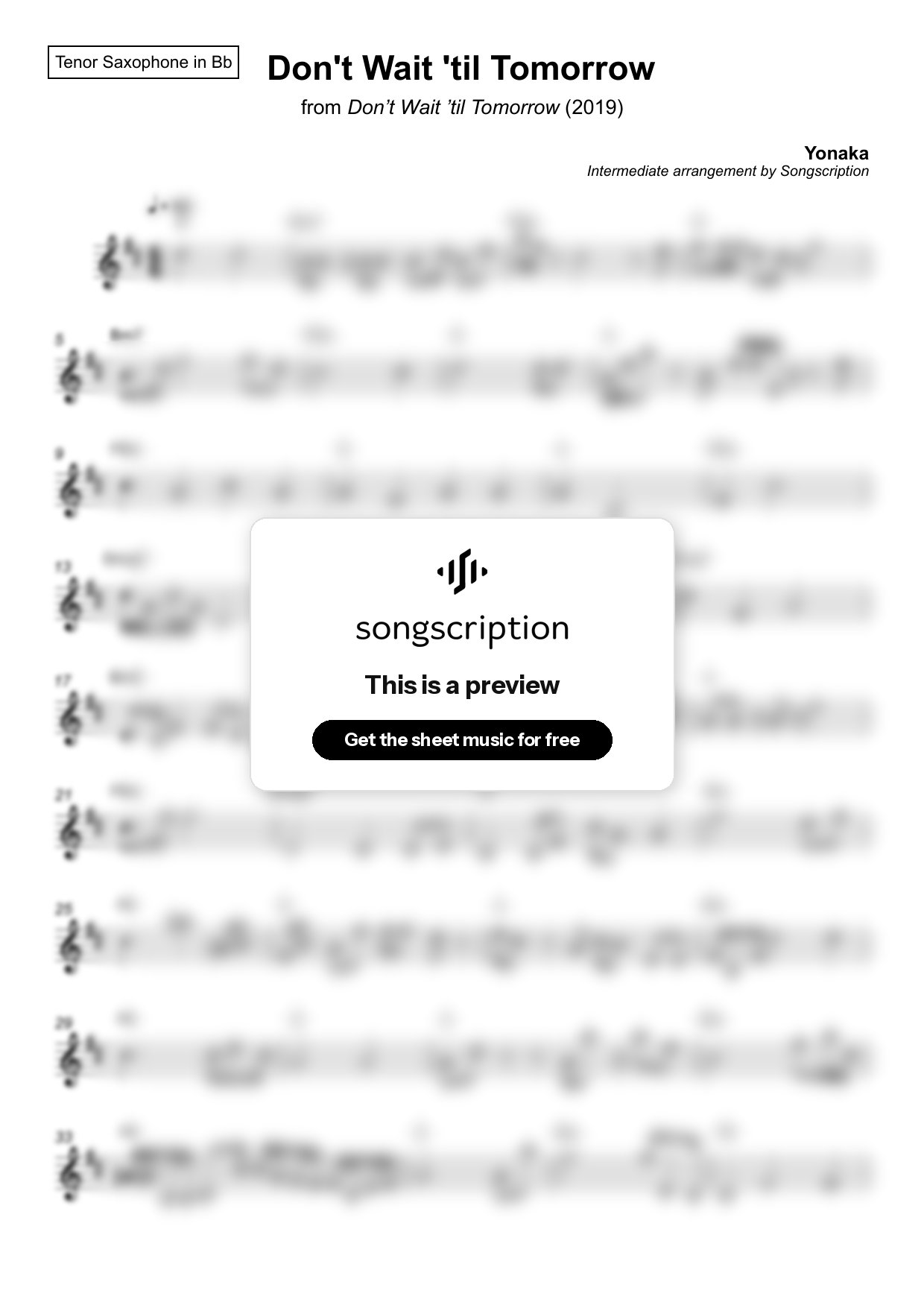 Intermediate Tenor Sax Sheet Music for "Don't Wait 'til Tomorrow" by Yonaka