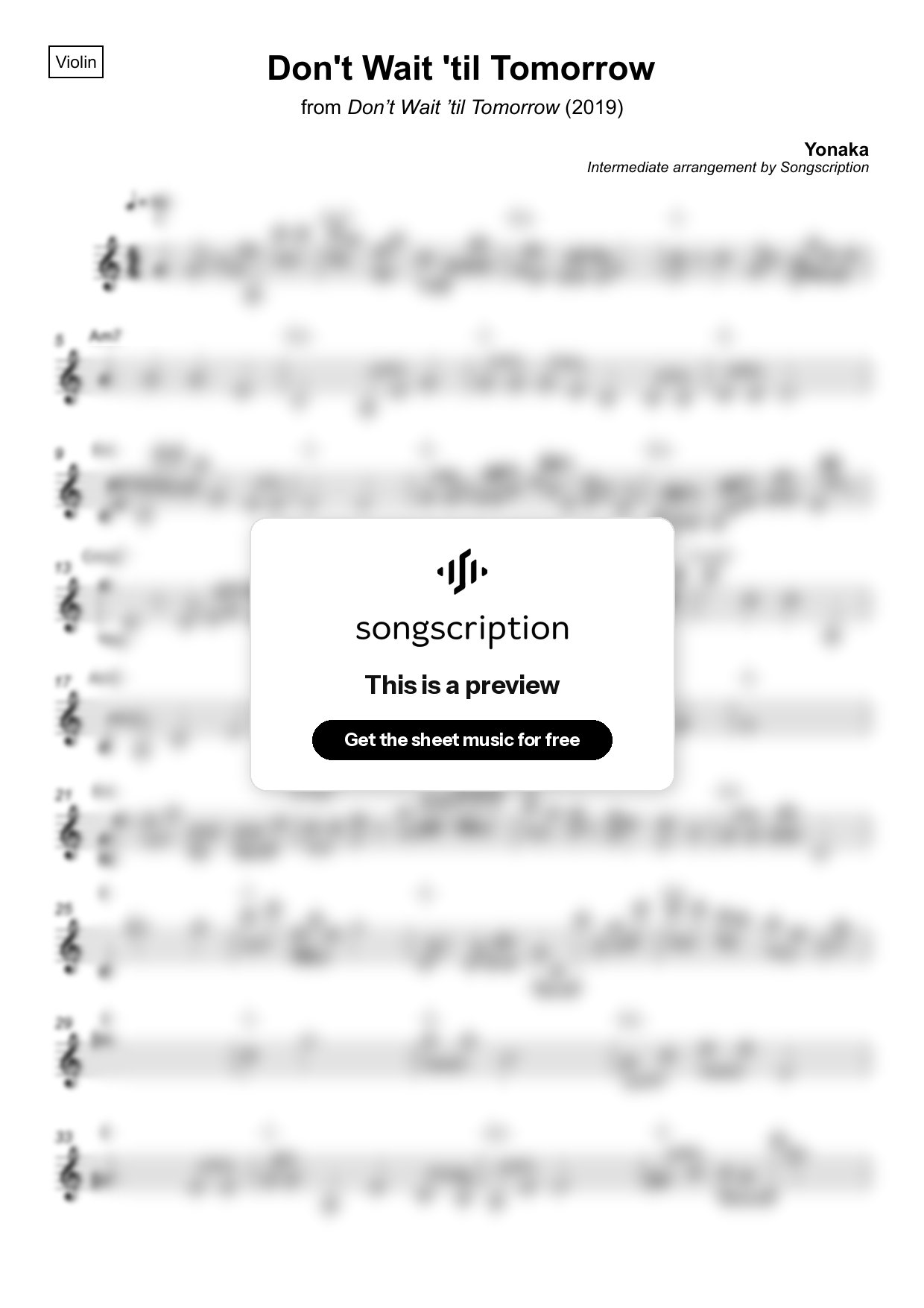 Intermediate Violin Sheet Music for "Don't Wait 'til Tomorrow" by Yonaka