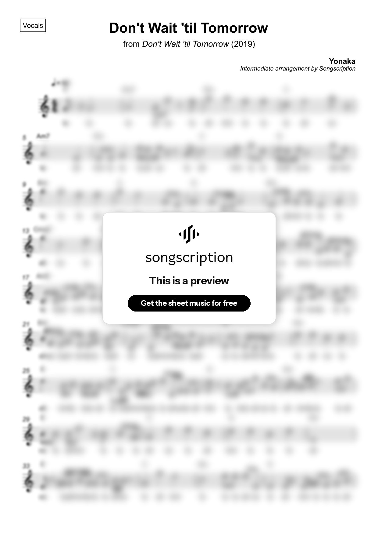 Intermediate Vocals Sheet Music for "Don't Wait 'til Tomorrow" by Yonaka