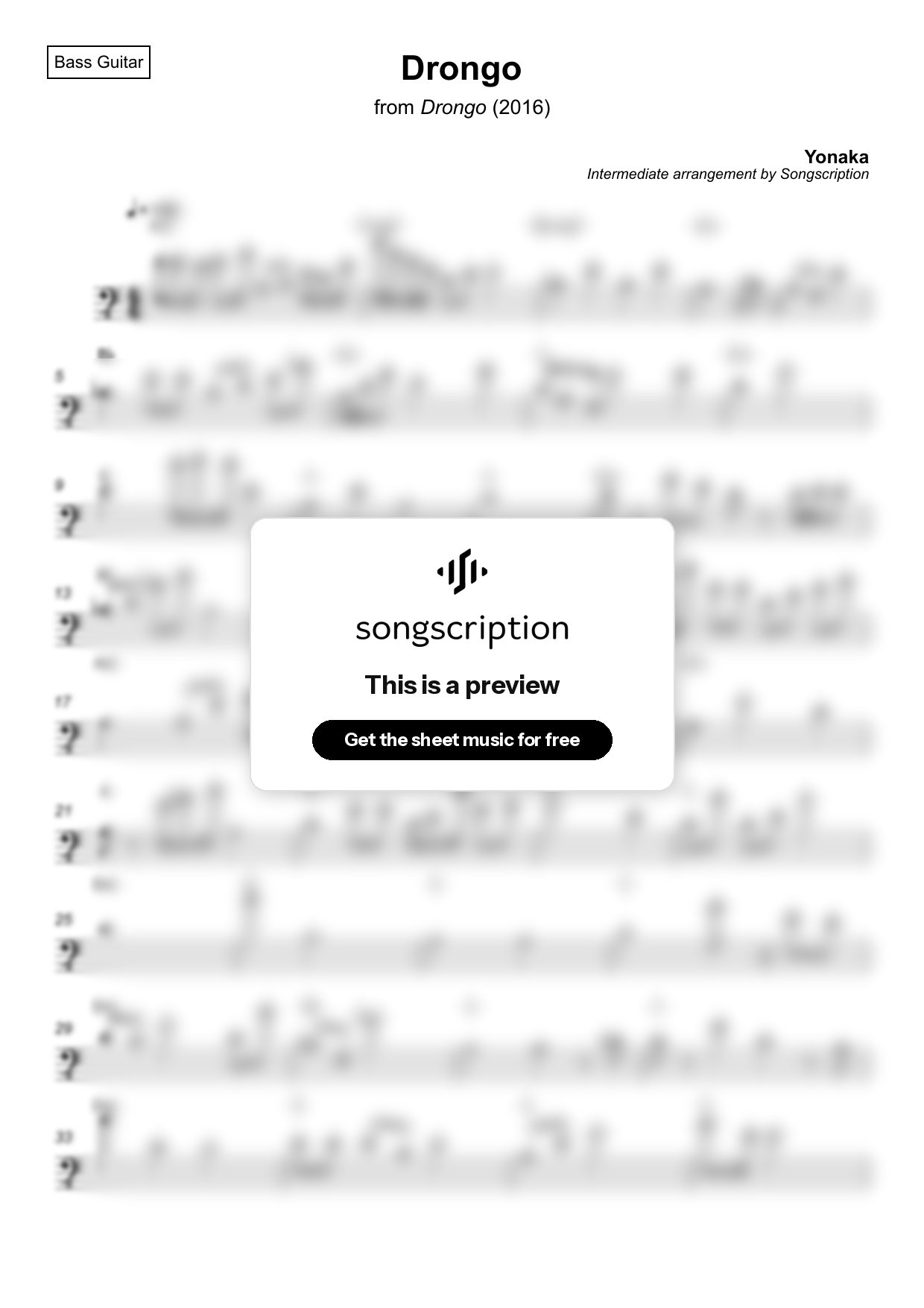 Intermediate Bass Guitar Sheet Music for "Drongo" by Yonaka