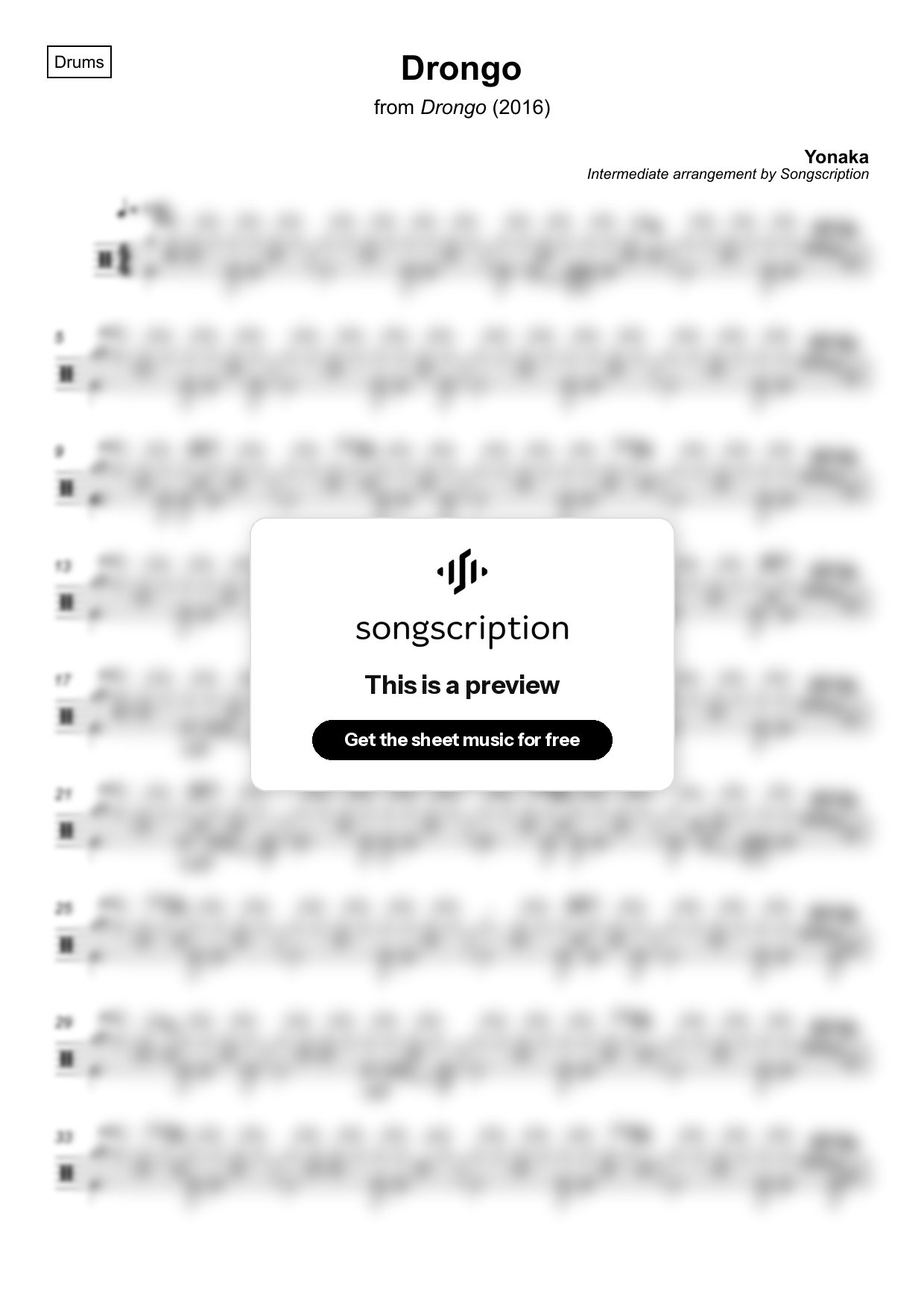 Intermediate Drums Sheet Music for "Drongo" by Yonaka