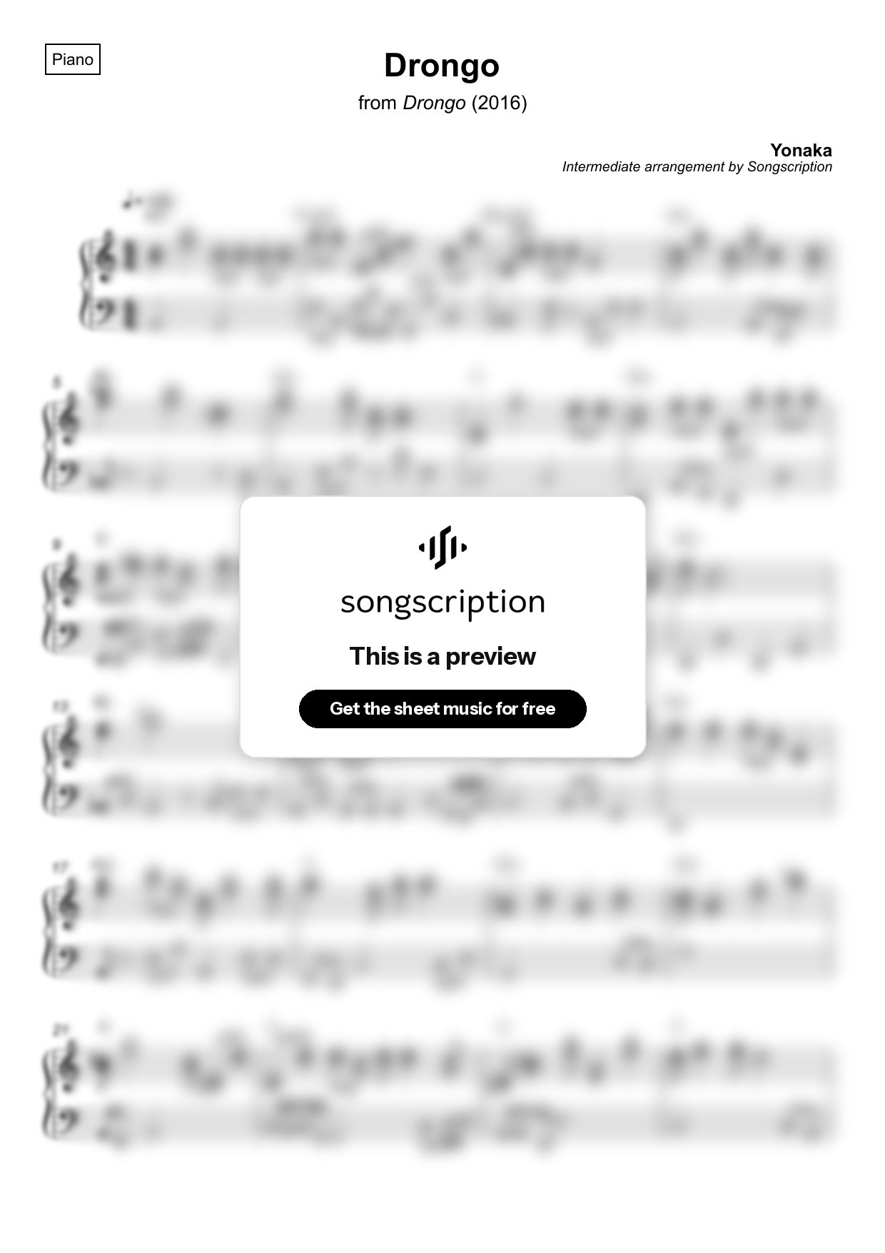 Intermediate Piano Sheet Music for "Drongo" by Yonaka