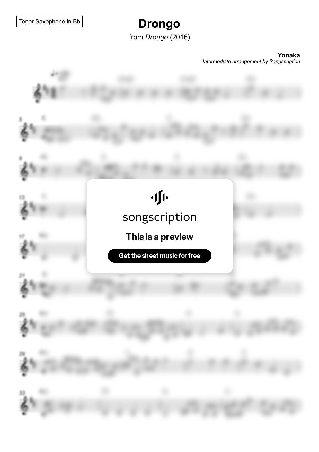 Intermediate Tenor Sax Sheet Music for "Drongo" by Yonaka