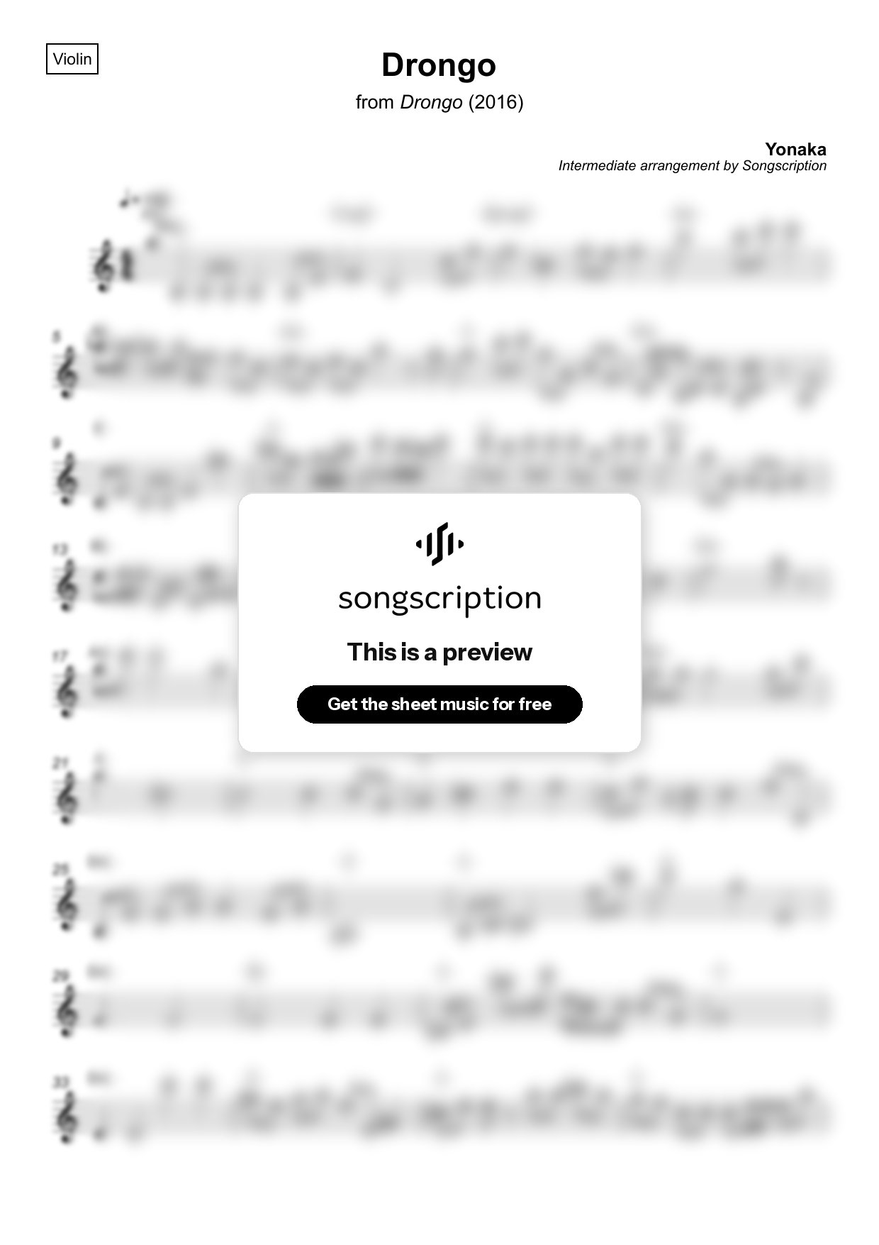 Intermediate Violin Sheet Music for "Drongo" by Yonaka