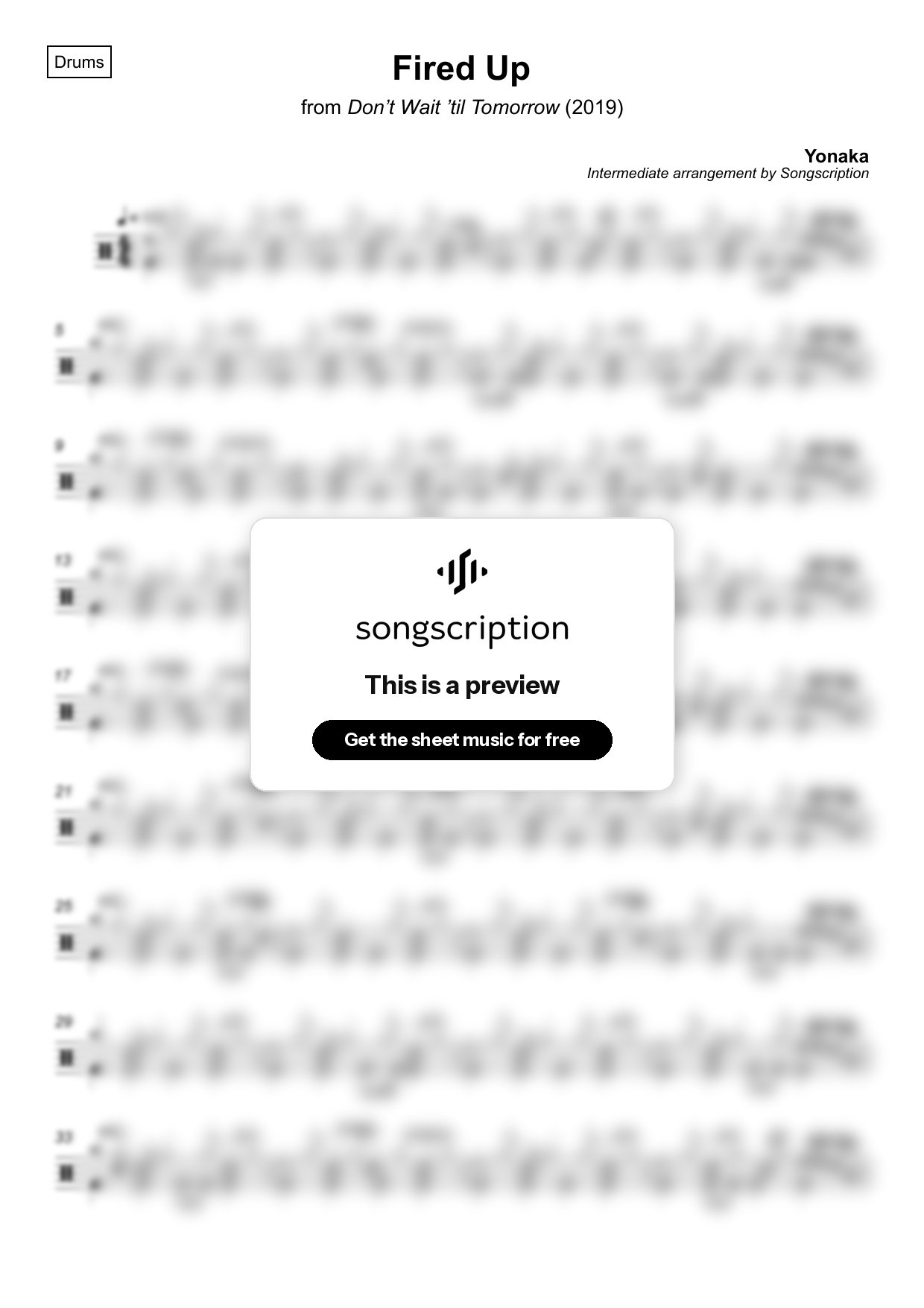 Intermediate Drums Sheet Music for "Fired Up" by Yonaka