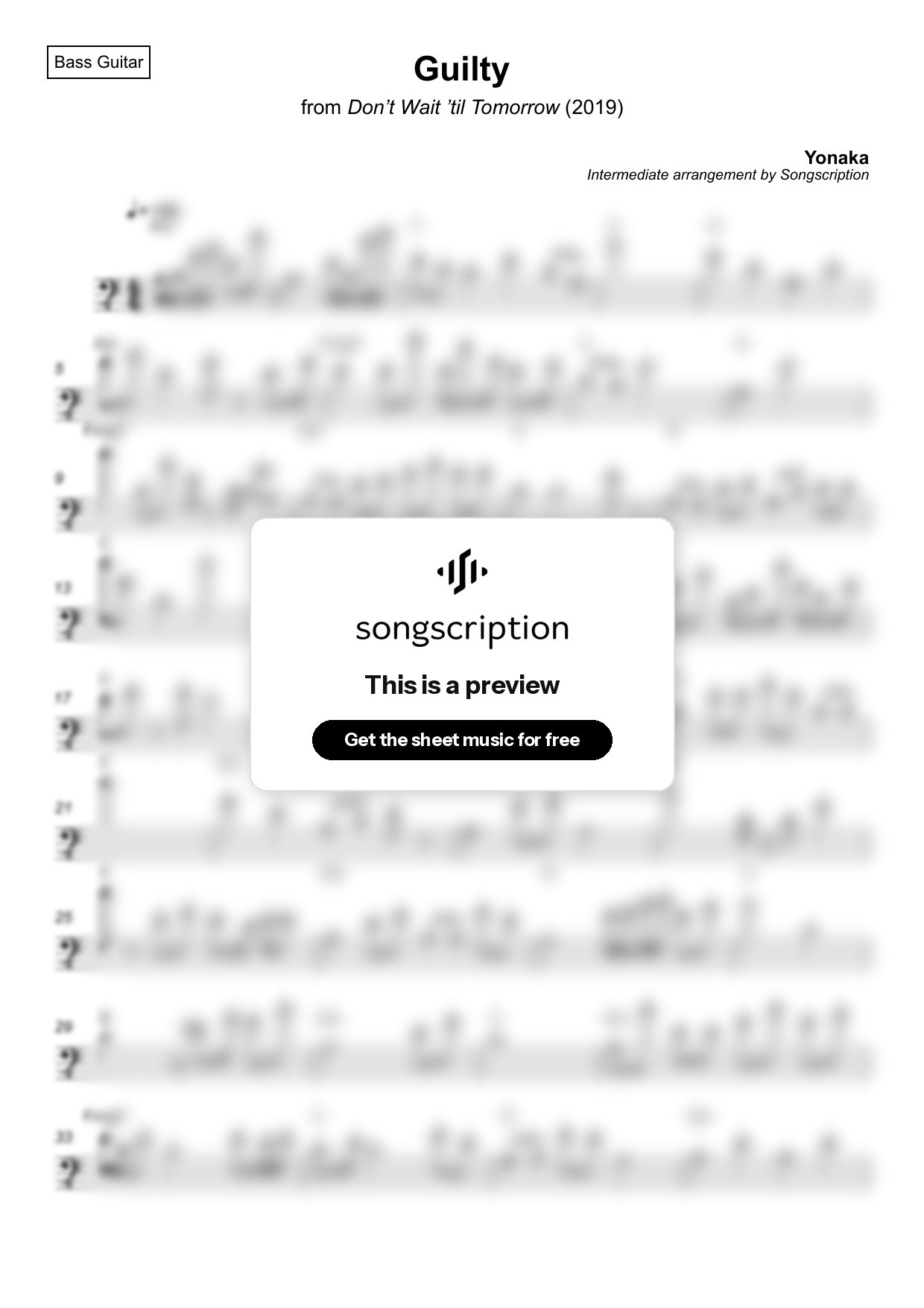 Intermediate Bass Guitar Sheet Music for "Guilty" by Yonaka