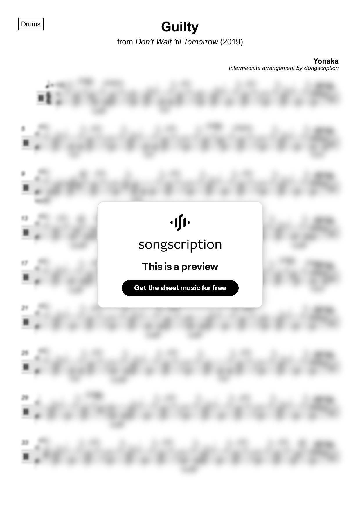 Intermediate Drums Sheet Music for "Guilty" by Yonaka