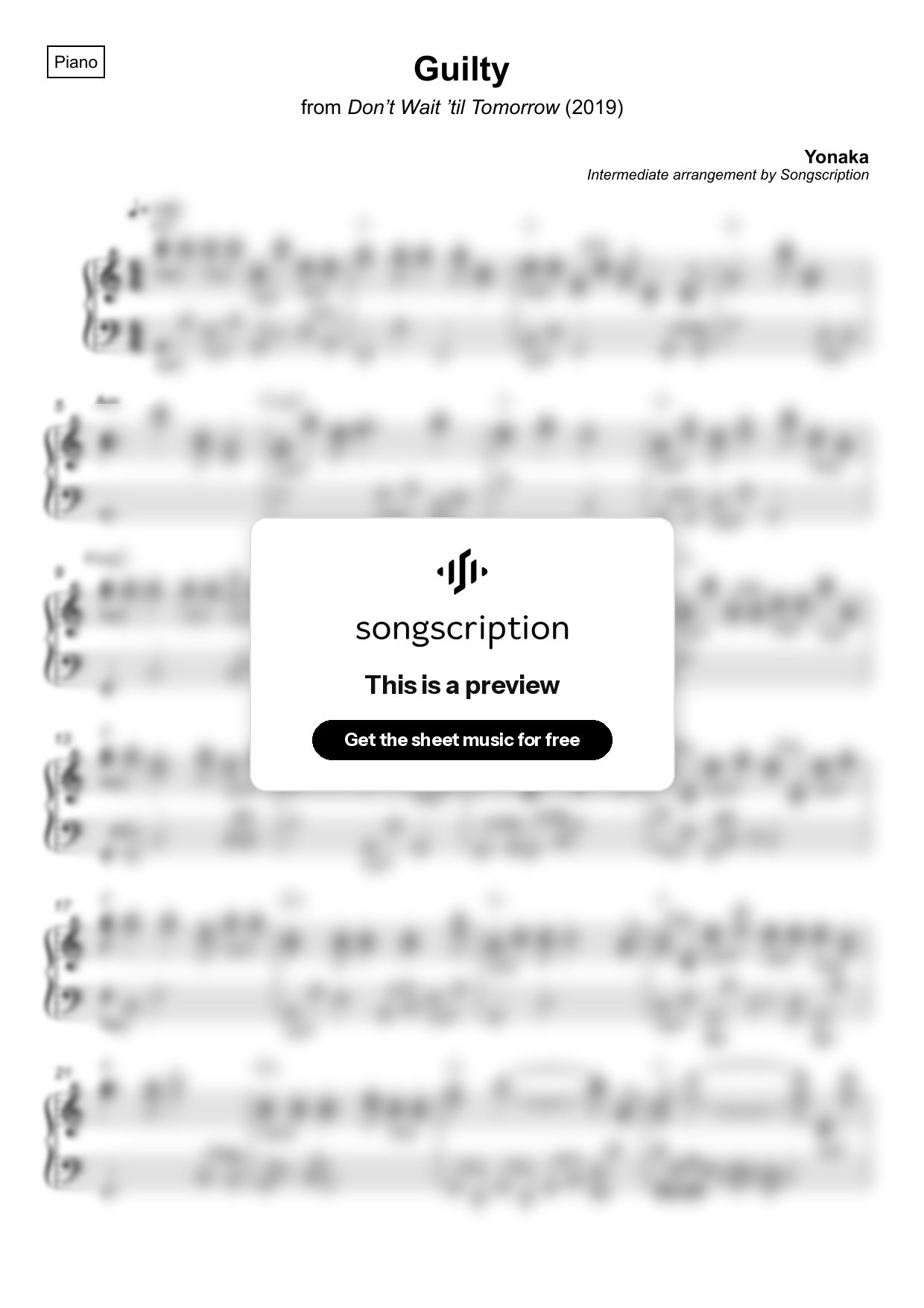 Intermediate Piano Sheet Music for "Guilty" by Yonaka