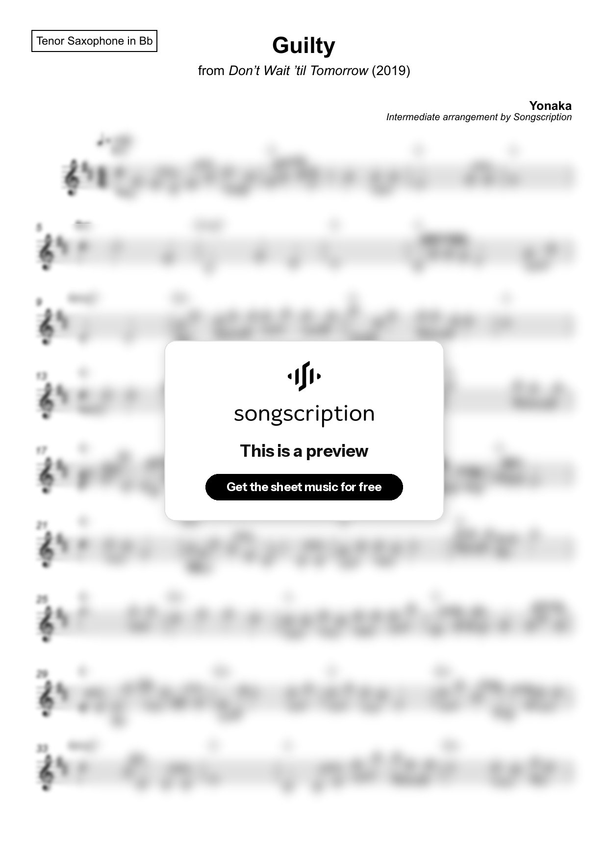 Intermediate Tenor Sax Sheet Music for "Guilty" by Yonaka