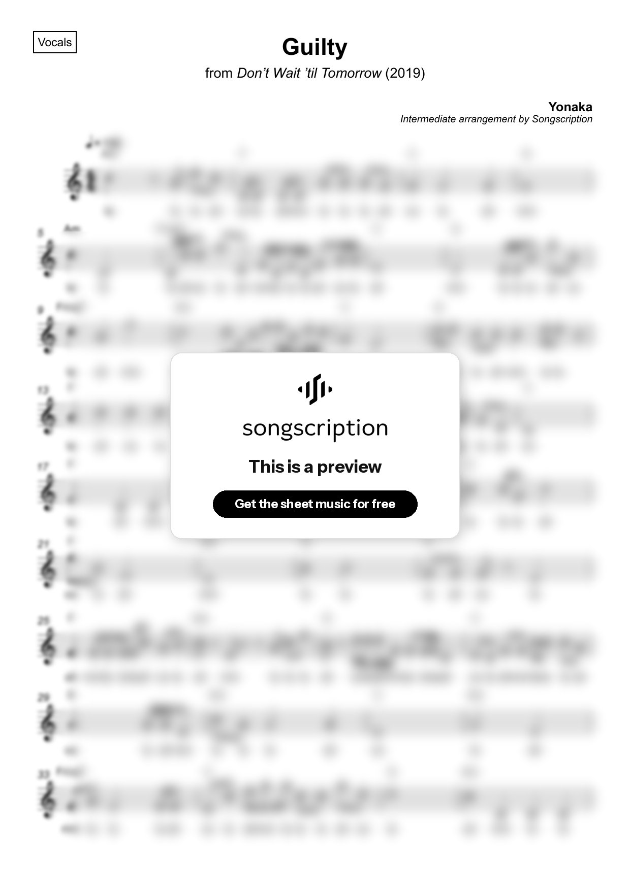 Intermediate Vocals Sheet Music for "Guilty" by Yonaka
