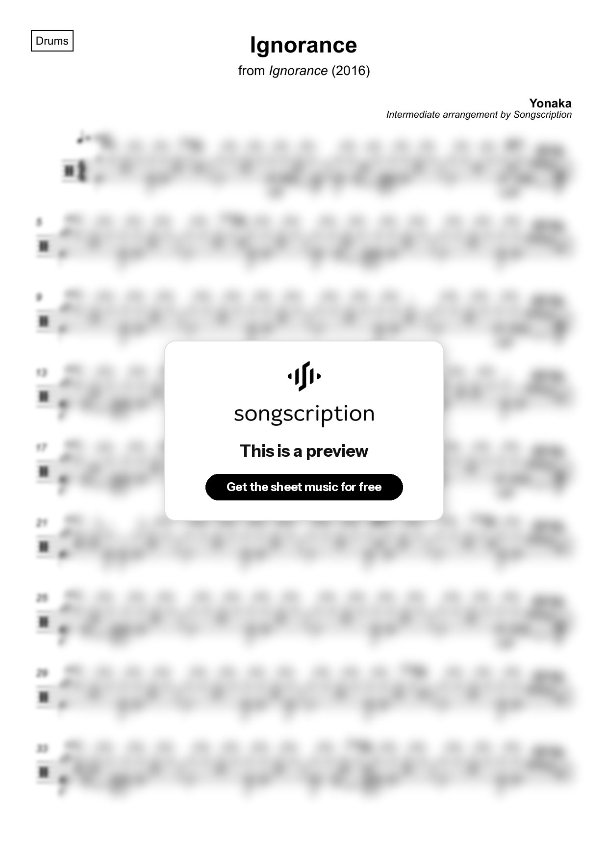Intermediate Drums Sheet Music for "Ignorance" by Yonaka