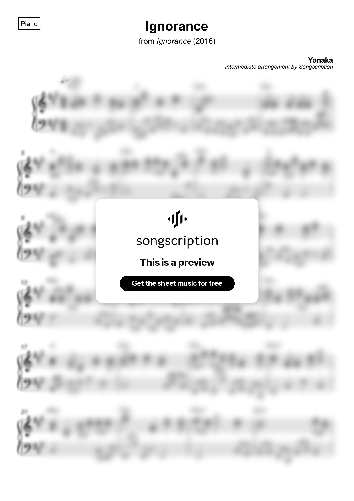 Intermediate Piano Sheet Music for "Ignorance" by Yonaka