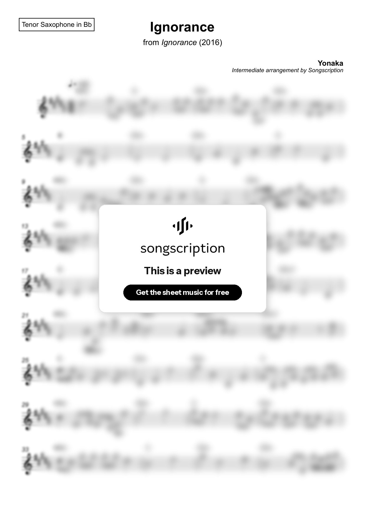 Intermediate Tenor Sax Sheet Music for "Ignorance" by Yonaka