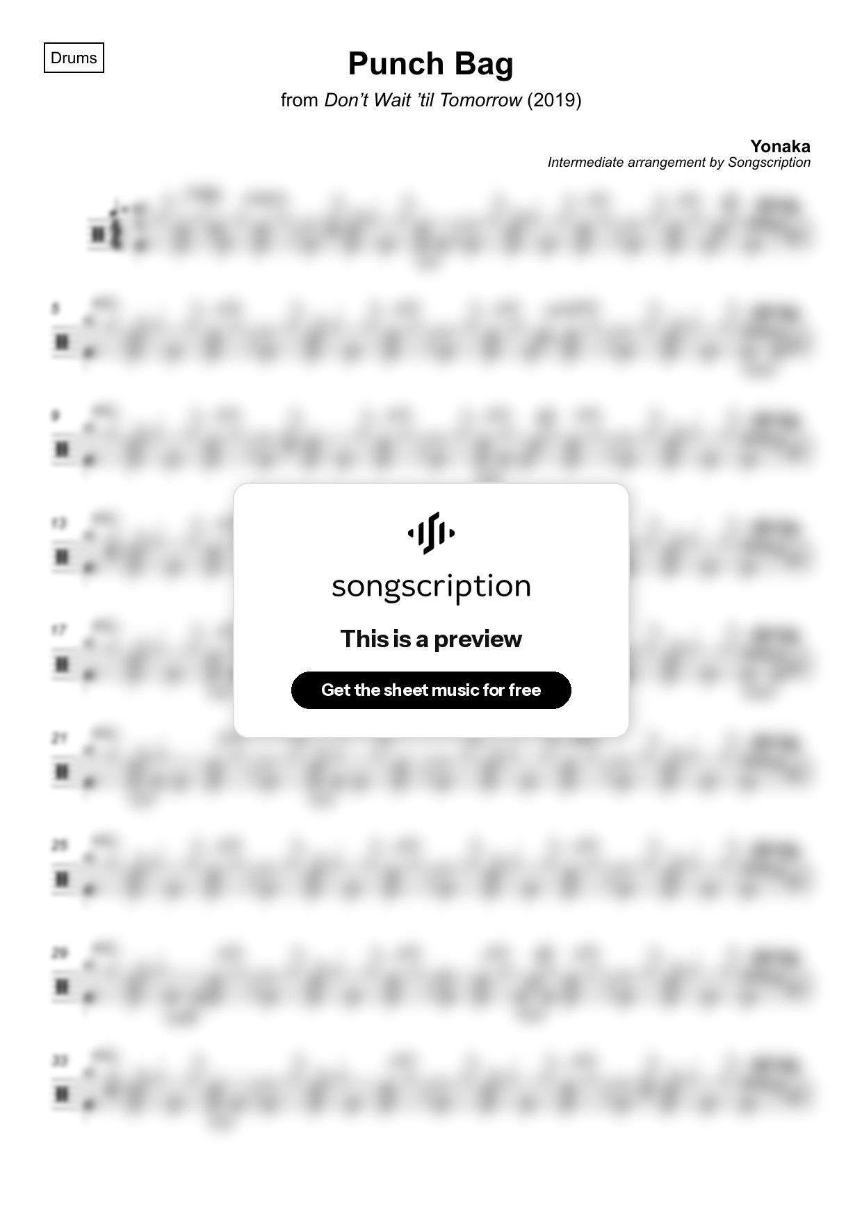 Intermediate Drums Sheet Music for "Punch Bag" by Yonaka