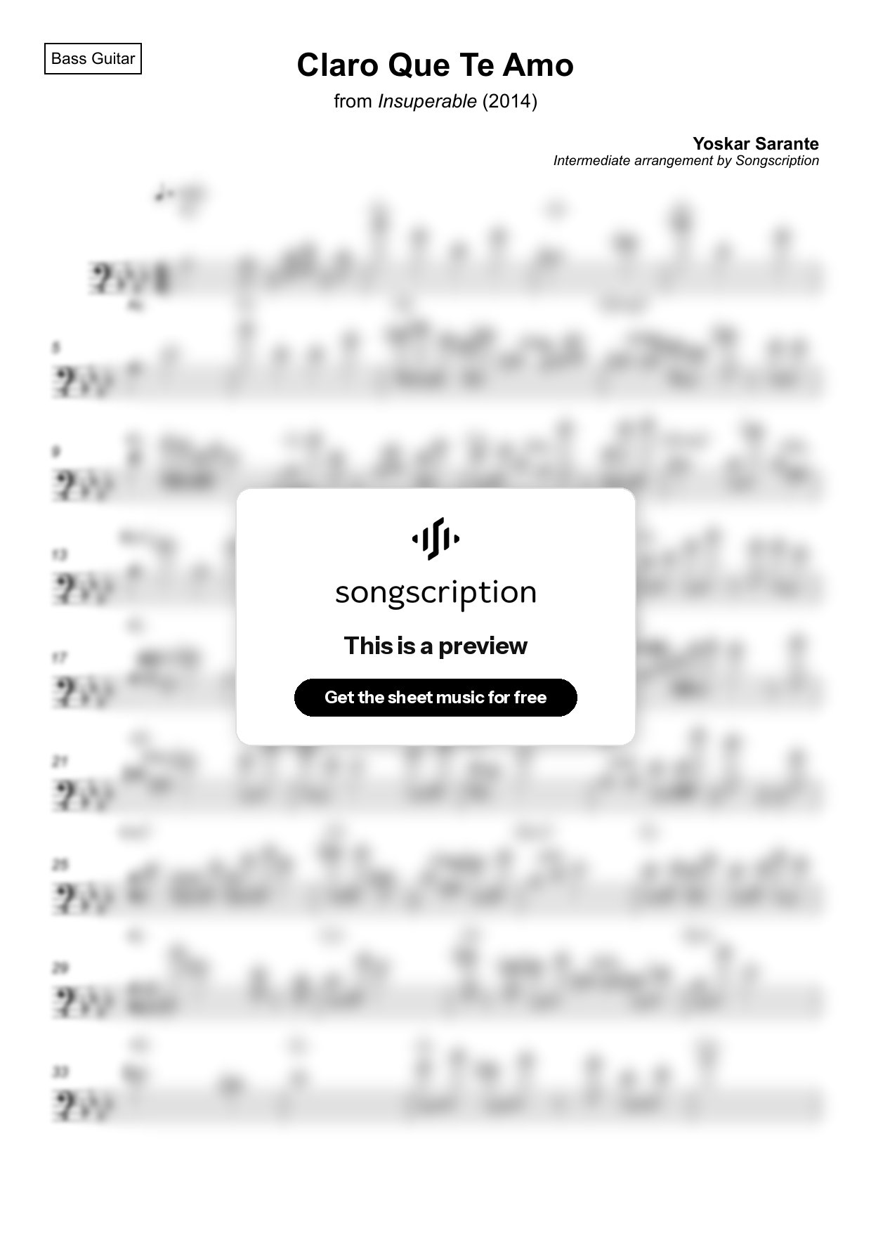 Intermediate Bass Guitar Sheet Music for "Claro Que Te Amo" by Yoskar Sarante