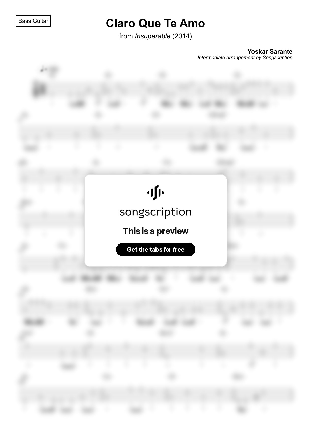 Intermediate Bass Guitar Tabs for "Claro Que Te Amo" by Yoskar Sarante