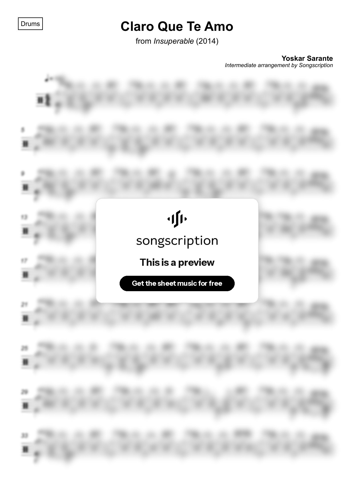 Intermediate Drums Sheet Music for "Claro Que Te Amo" by Yoskar Sarante