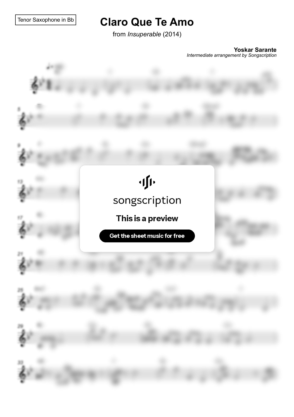 Intermediate Tenor Sax Sheet Music for "Claro Que Te Amo" by Yoskar Sarante