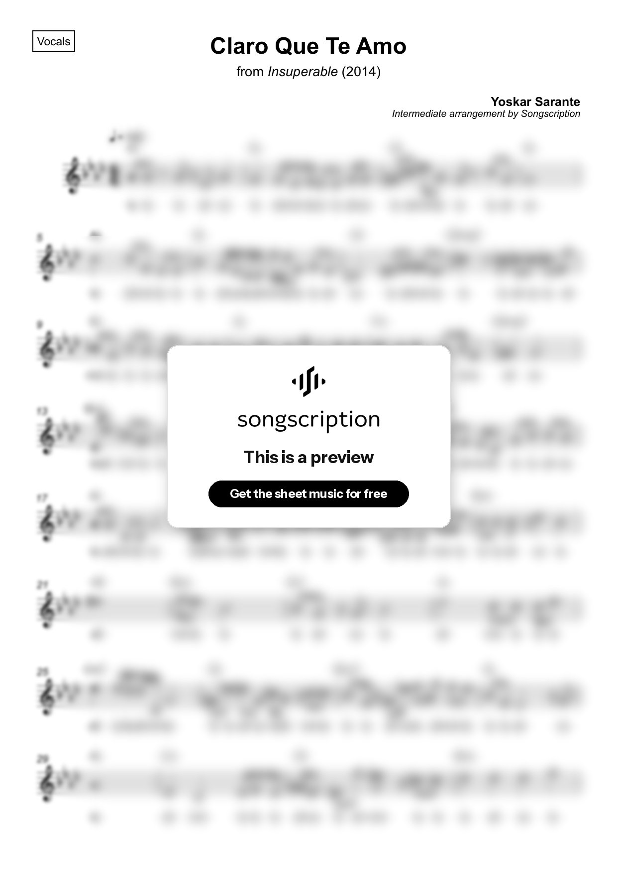 Intermediate Vocals Sheet Music for "Claro Que Te Amo" by Yoskar Sarante