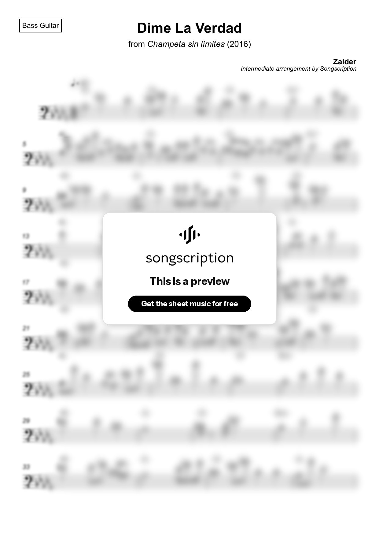 Intermediate Bass Guitar Sheet Music for "Dime La Verdad" by Zaider