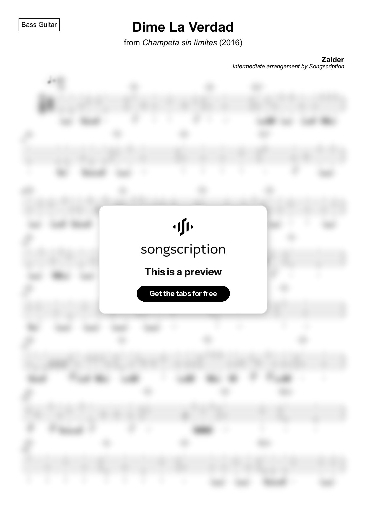 Intermediate Bass Guitar Tabs for "Dime La Verdad" by Zaider