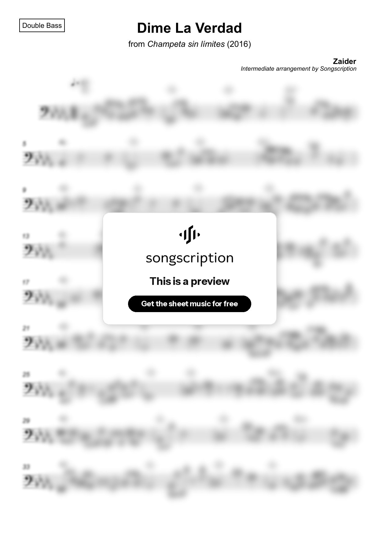 Intermediate Double Bass Sheet Music for "Dime La Verdad" by Zaider