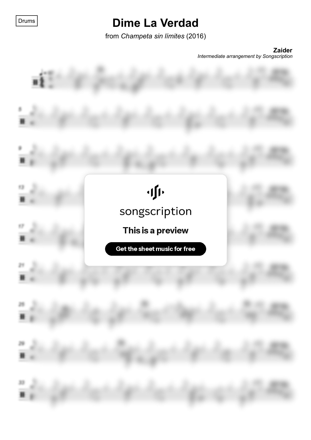 Intermediate Drums Sheet Music for "Dime La Verdad" by Zaider