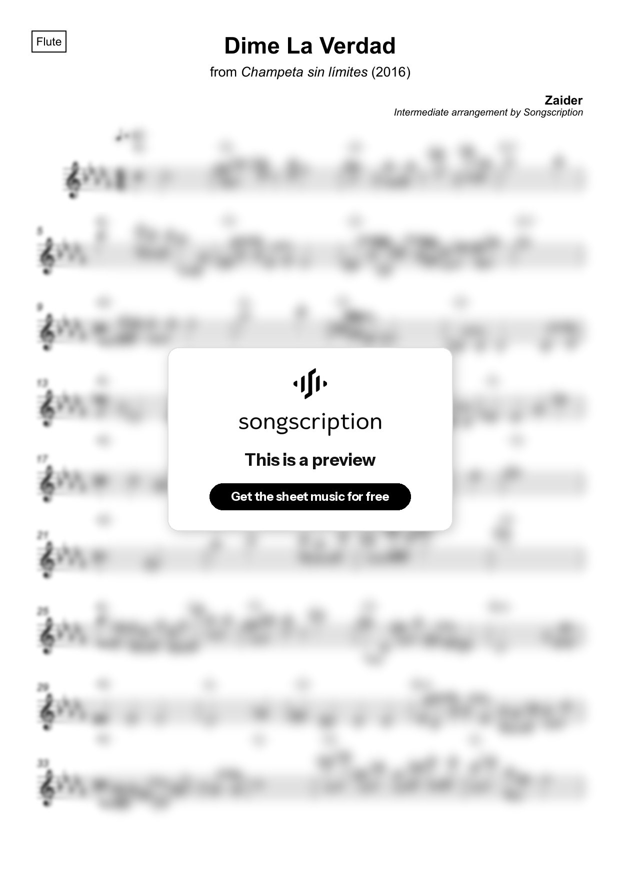 Intermediate Flute Sheet Music for "Dime La Verdad" by Zaider