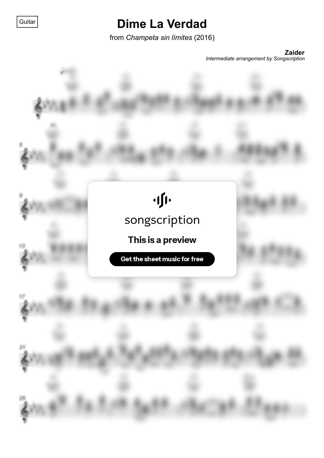 Intermediate Acoustic Guitar Sheet Music for "Dime La Verdad" by Zaider